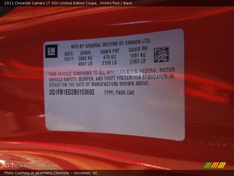 Victory Red / Black 2011 Chevrolet Camaro LT 600 Limited Edition Coupe