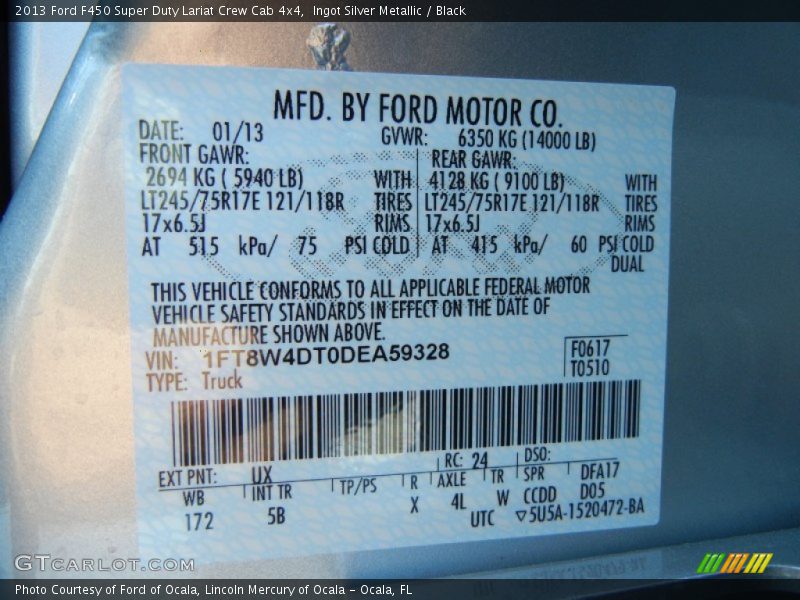 2013 F450 Super Duty Lariat Crew Cab 4x4 Ingot Silver Metallic Color Code UX