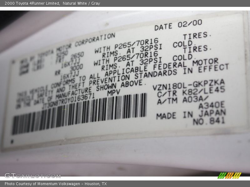 Natural White / Gray 2000 Toyota 4Runner Limited