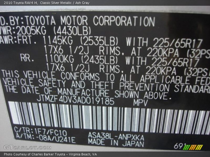 Classic Silver Metallic / Ash Gray 2010 Toyota RAV4 I4