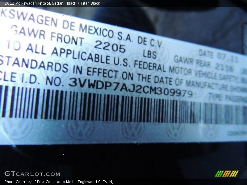 Black / Titan Black 2012 Volkswagen Jetta SE Sedan