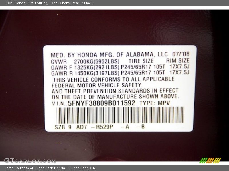 Dark Cherry Pearl / Black 2009 Honda Pilot Touring
