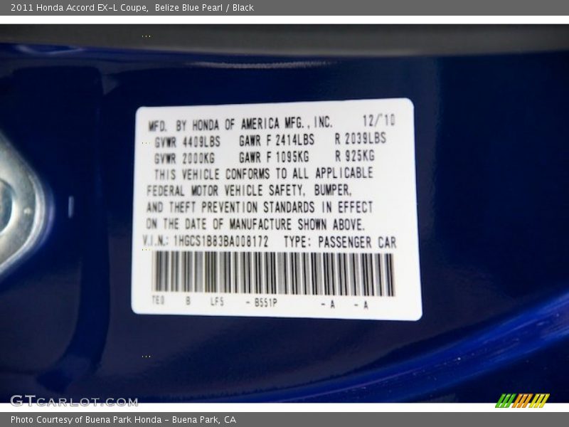 2011 Accord EX-L Coupe Belize Blue Pearl Color Code B551P