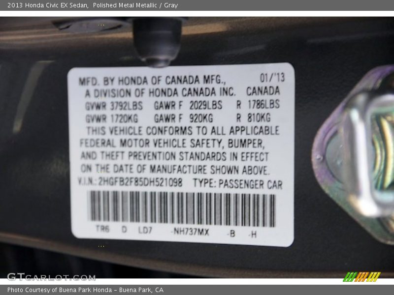 Polished Metal Metallic / Gray 2013 Honda Civic EX Sedan