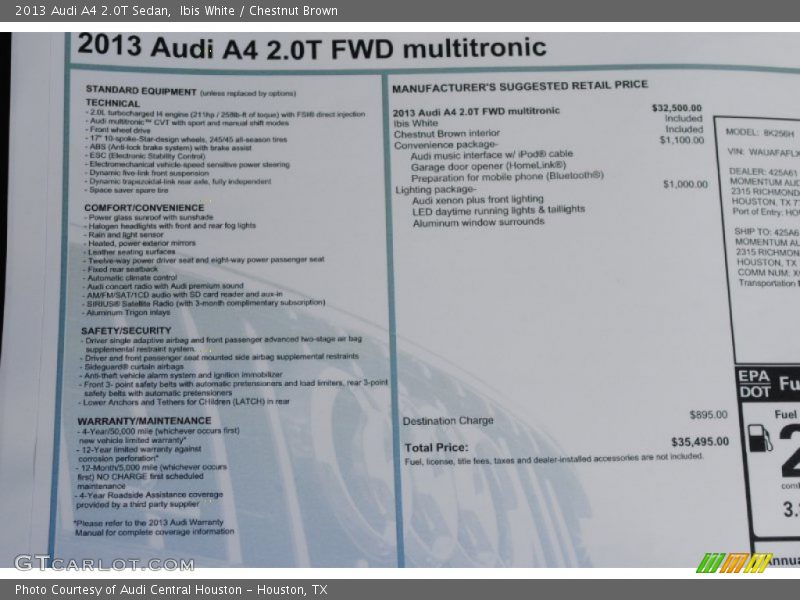  2013 A4 2.0T Sedan Window Sticker