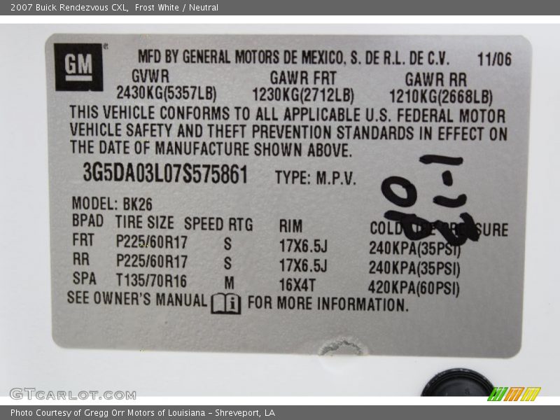 Frost White / Neutral 2007 Buick Rendezvous CXL