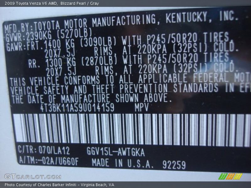 Blizzard Pearl / Gray 2009 Toyota Venza V6 AWD