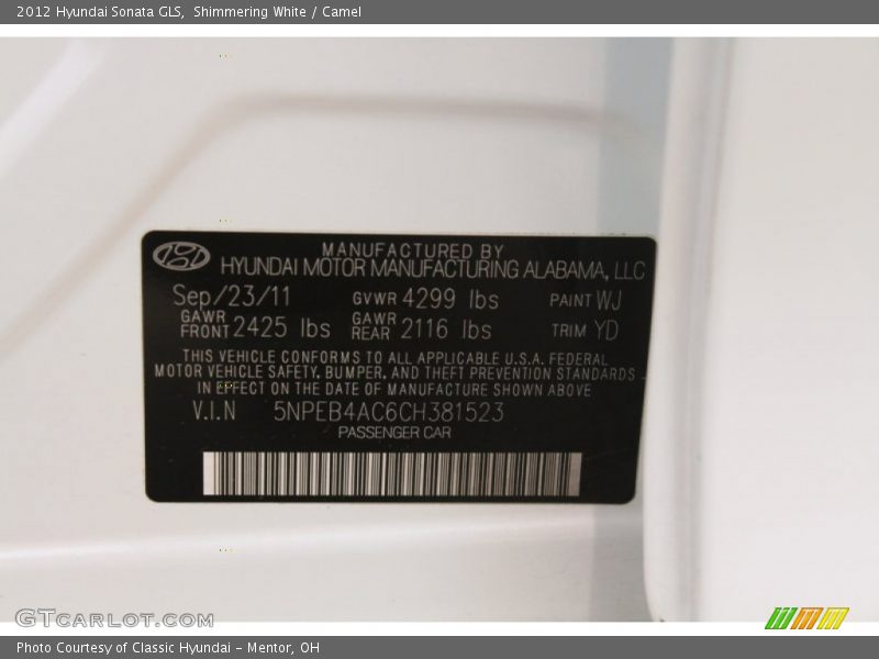 Shimmering White / Camel 2012 Hyundai Sonata GLS