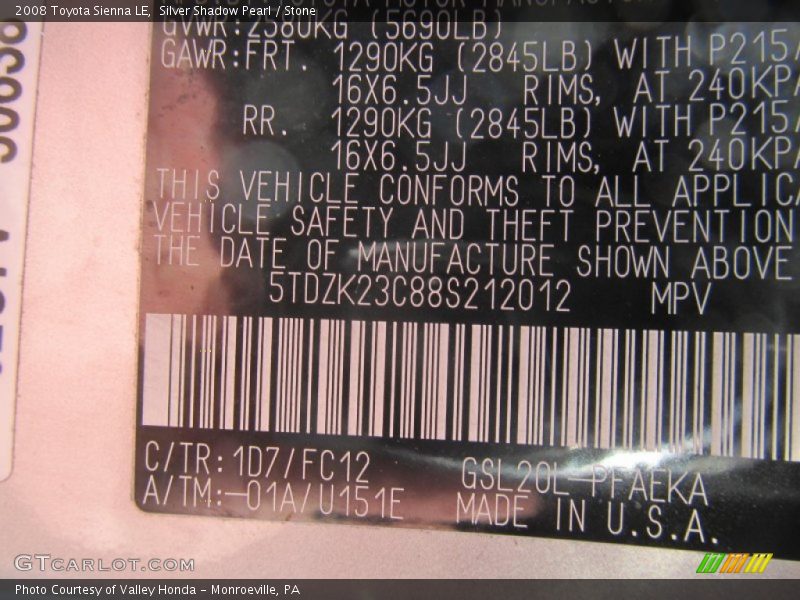 Silver Shadow Pearl / Stone 2008 Toyota Sienna LE