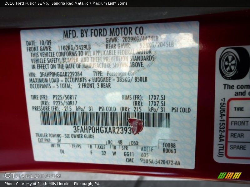 Sangria Red Metallic / Medium Light Stone 2010 Ford Fusion SE V6