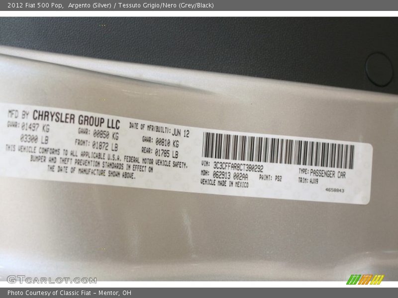 Argento (Silver) / Tessuto Grigio/Nero (Grey/Black) 2012 Fiat 500 Pop