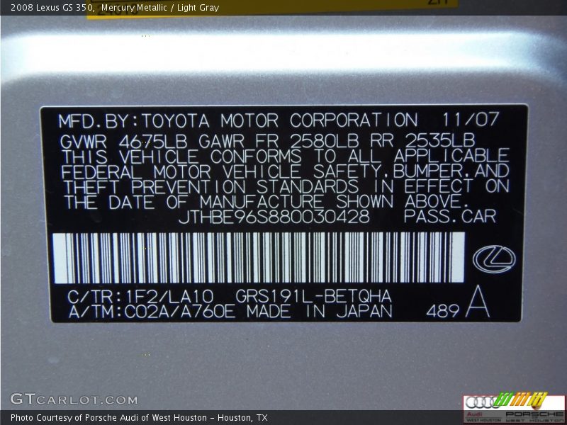 Mercury Metallic / Light Gray 2008 Lexus GS 350