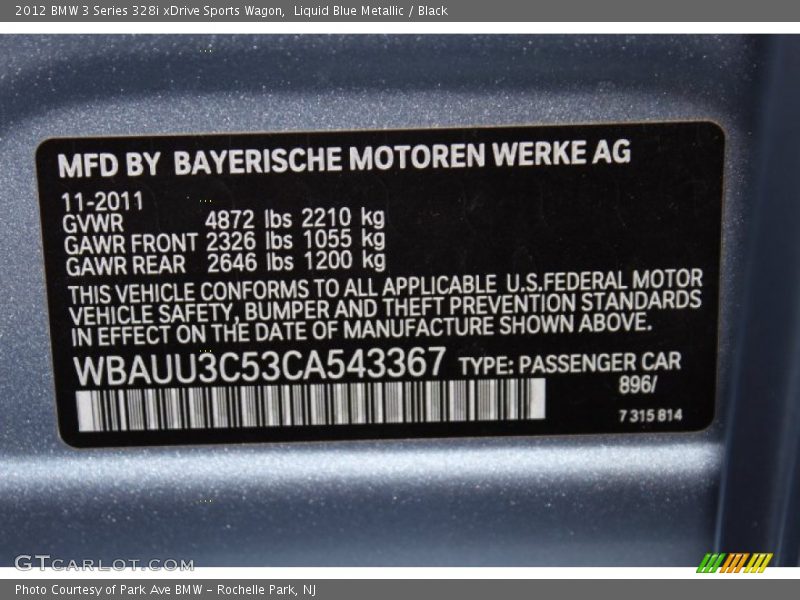 2012 3 Series 328i xDrive Sports Wagon Liquid Blue Metallic Color Code 896