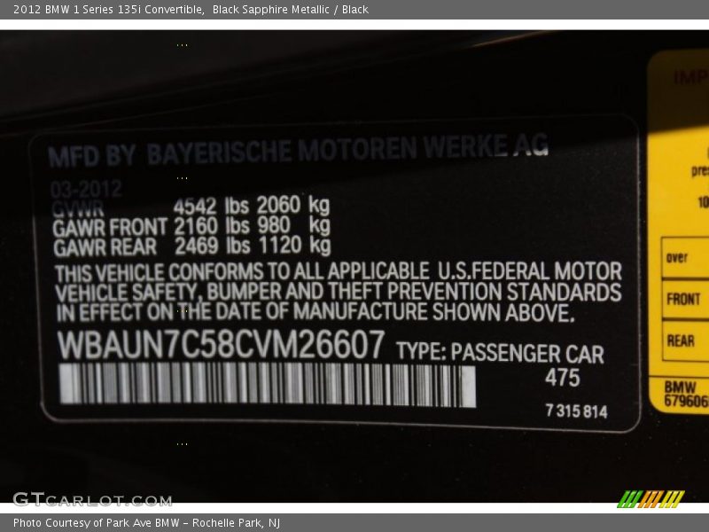 Black Sapphire Metallic / Black 2012 BMW 1 Series 135i Convertible