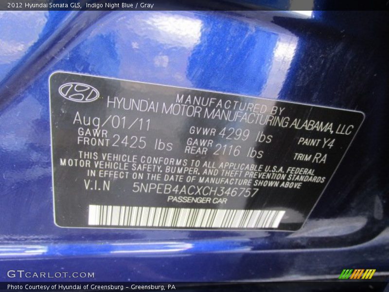 Indigo Night Blue / Gray 2012 Hyundai Sonata GLS