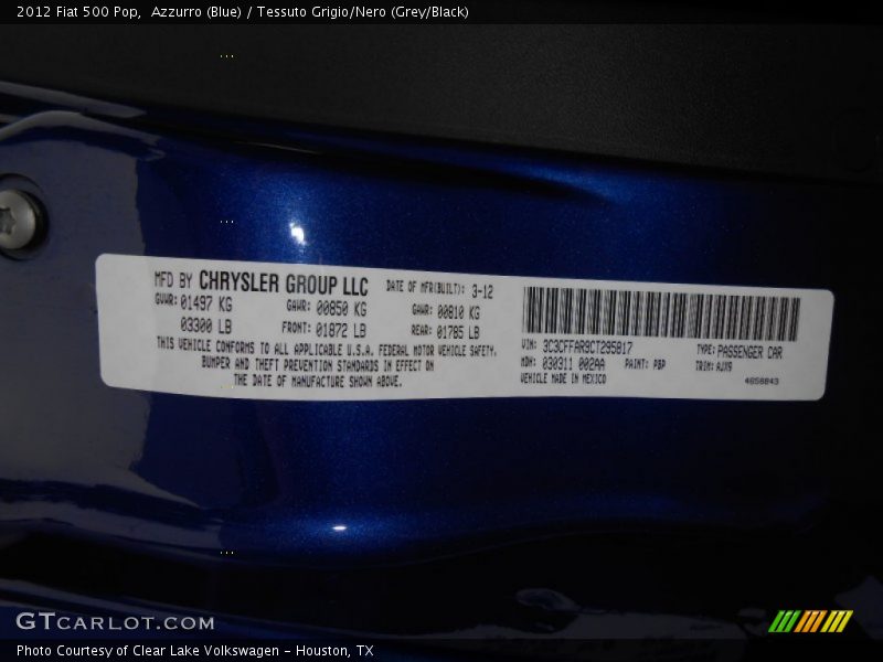 Azzurro (Blue) / Tessuto Grigio/Nero (Grey/Black) 2012 Fiat 500 Pop