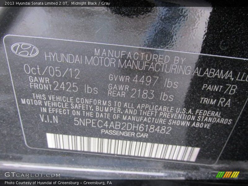 Midnight Black / Gray 2013 Hyundai Sonata Limited 2.0T
