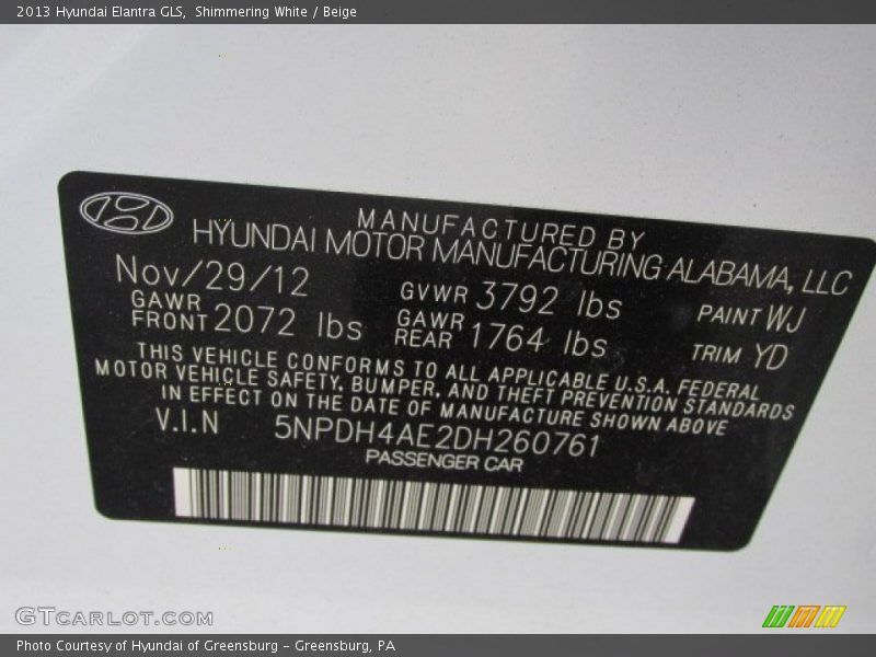 Shimmering White / Beige 2013 Hyundai Elantra GLS