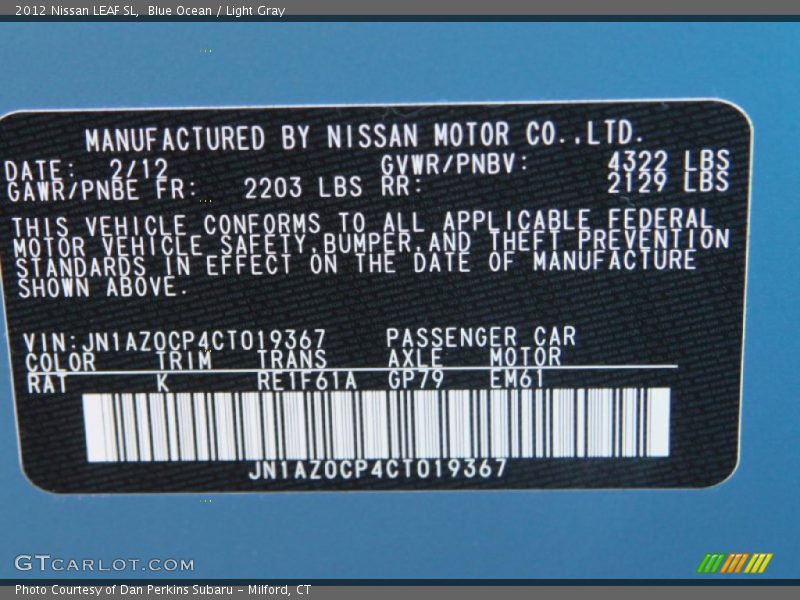 2012 LEAF SL Blue Ocean Color Code RAT