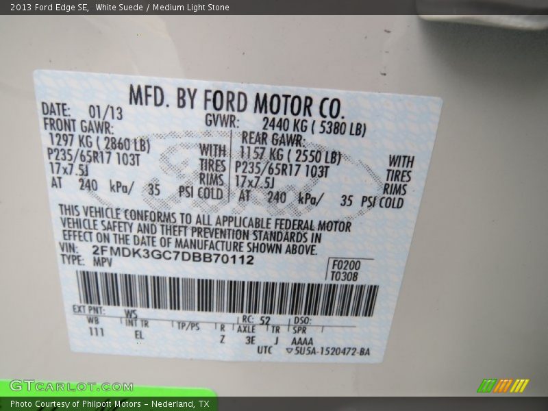 2013 Edge SE White Suede Color Code WS