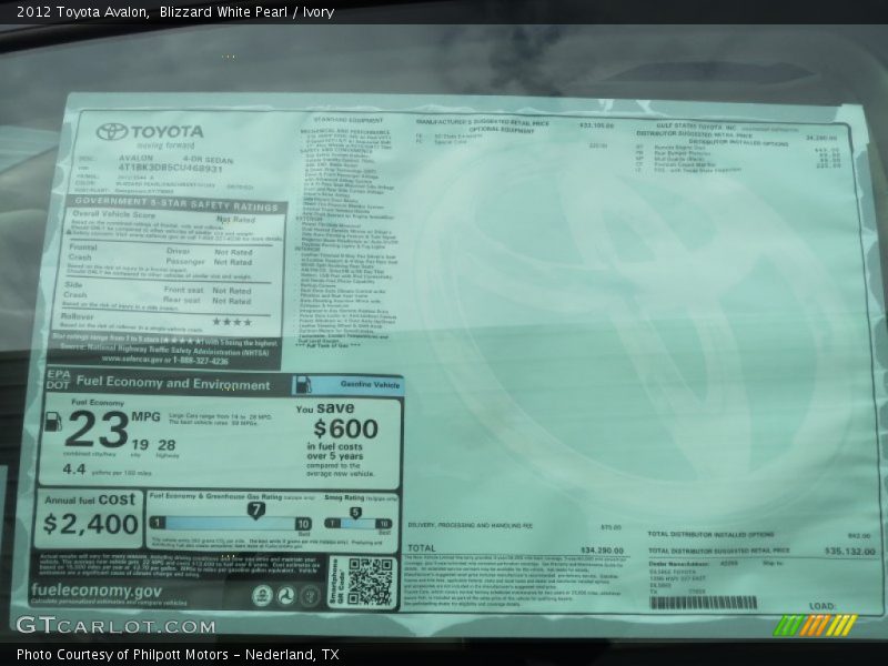  2012 Avalon  Window Sticker