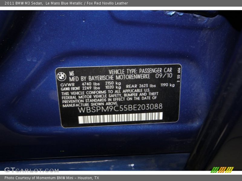 Info Tag of 2011 M3 Sedan