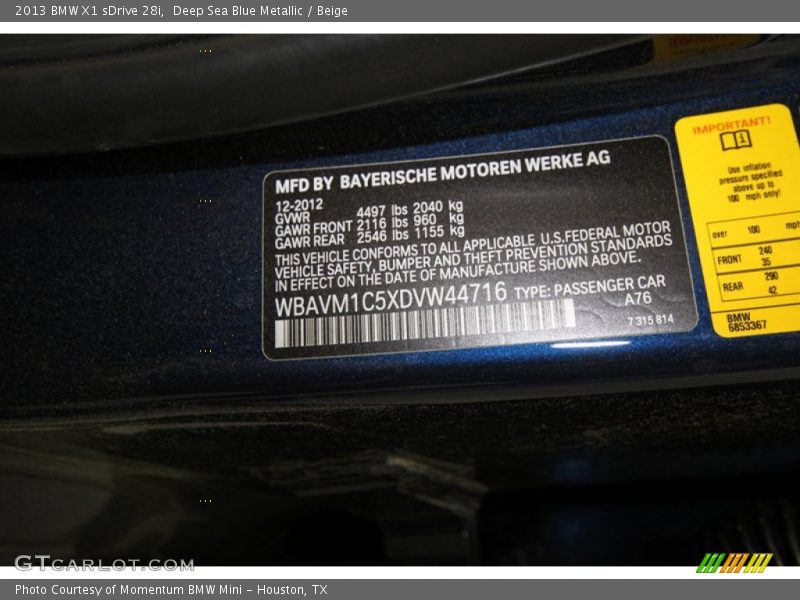 2013 X1 sDrive 28i Deep Sea Blue Metallic Color Code A76