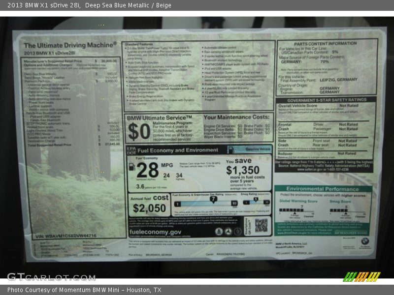 2013 X1 sDrive 28i Window Sticker