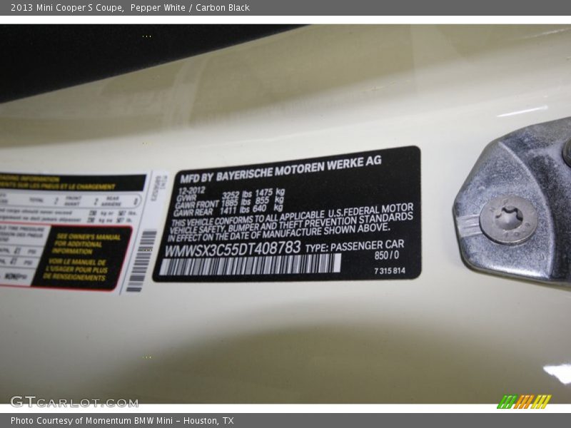 2013 Cooper S Coupe Pepper White Color Code 850
