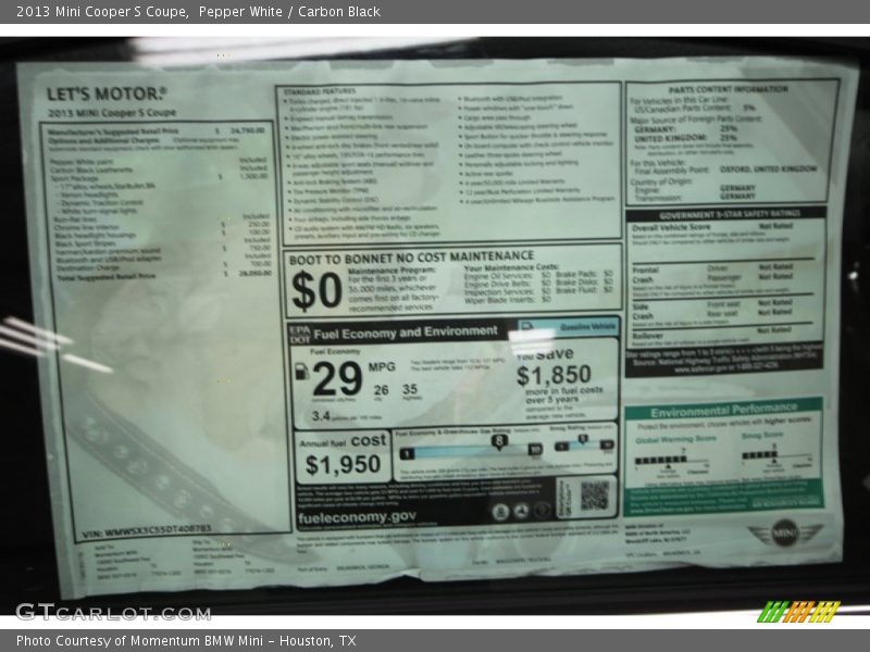  2013 Cooper S Coupe Window Sticker