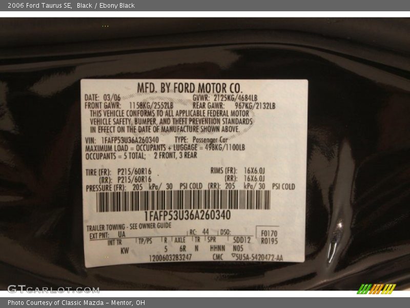 Black / Ebony Black 2006 Ford Taurus SE