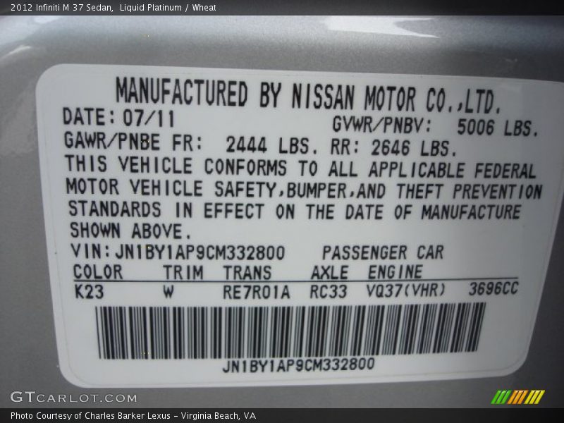Liquid Platinum / Wheat 2012 Infiniti M 37 Sedan
