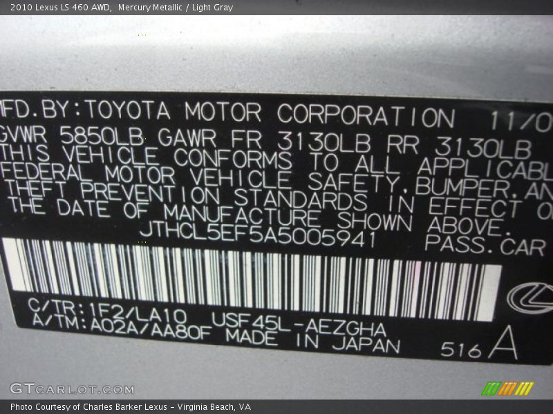 Mercury Metallic / Light Gray 2010 Lexus LS 460 AWD