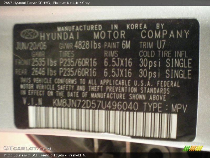 Platinum Metallic / Gray 2007 Hyundai Tucson SE 4WD