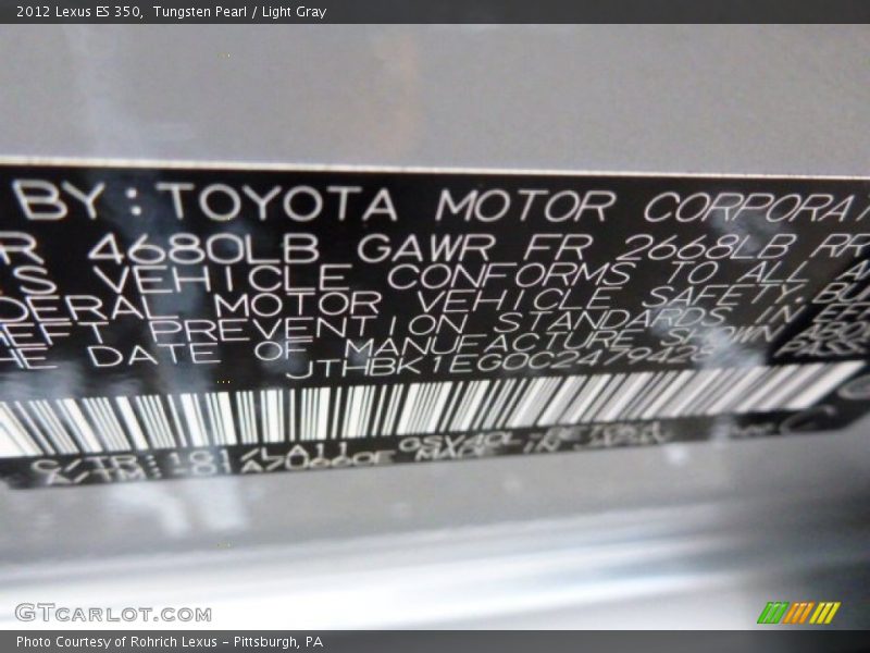 Tungsten Pearl / Light Gray 2012 Lexus ES 350