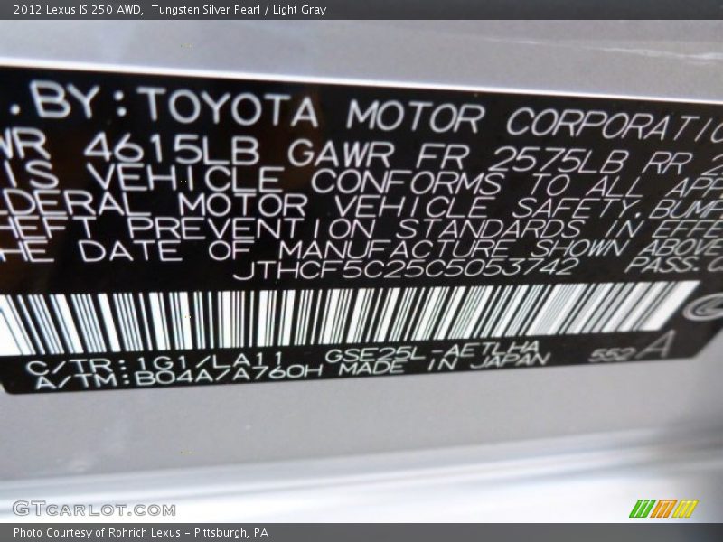 Tungsten Silver Pearl / Light Gray 2012 Lexus IS 250 AWD