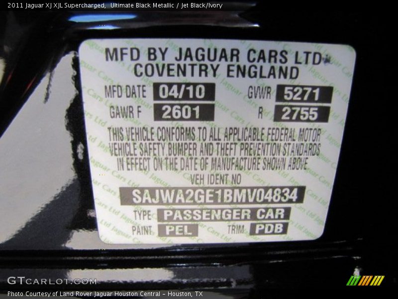2011 XJ XJL Supercharged Ultimate Black Metallic Color Code PEL