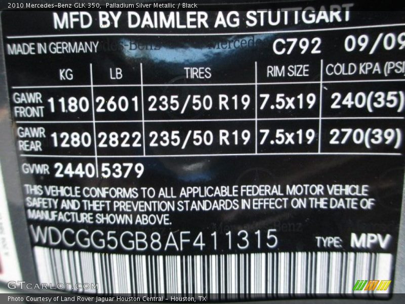 Palladium Silver Metallic / Black 2010 Mercedes-Benz GLK 350