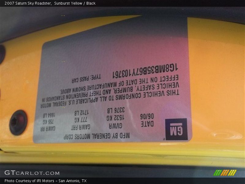Info Tag of 2007 Sky Roadster