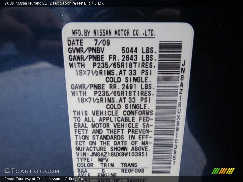 2009 Murano SL Deep Sapphire Metallic Color Code RAA
