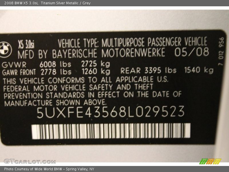 Titanium Silver Metallic / Grey 2008 BMW X5 3.0si