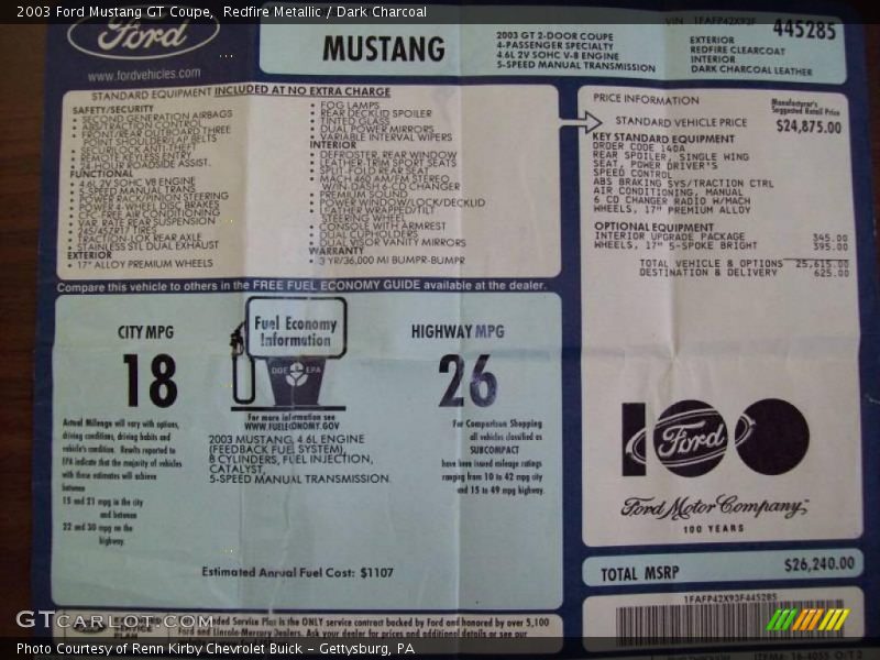 Redfire Metallic / Dark Charcoal 2003 Ford Mustang GT Coupe
