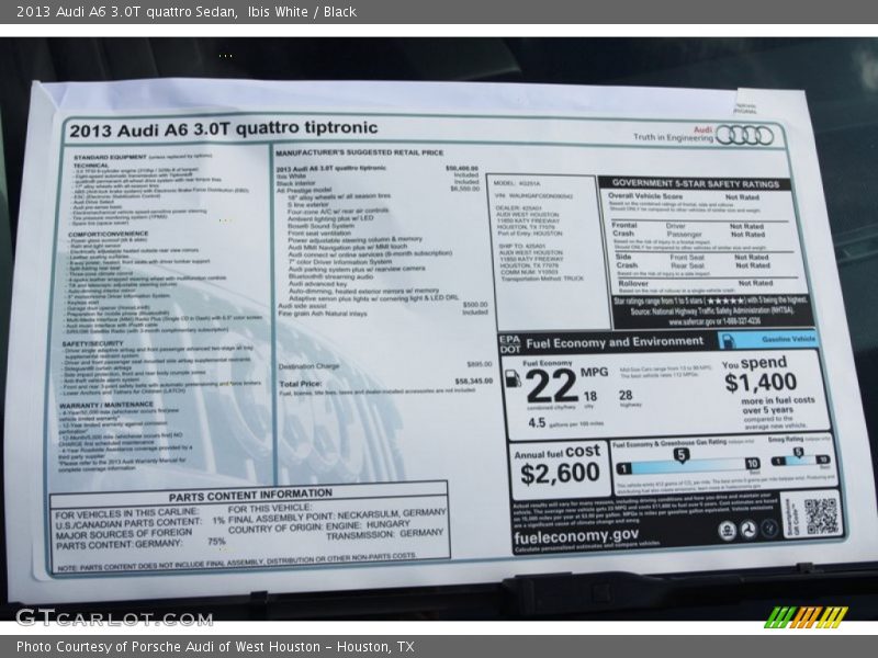 Ibis White / Black 2013 Audi A6 3.0T quattro Sedan