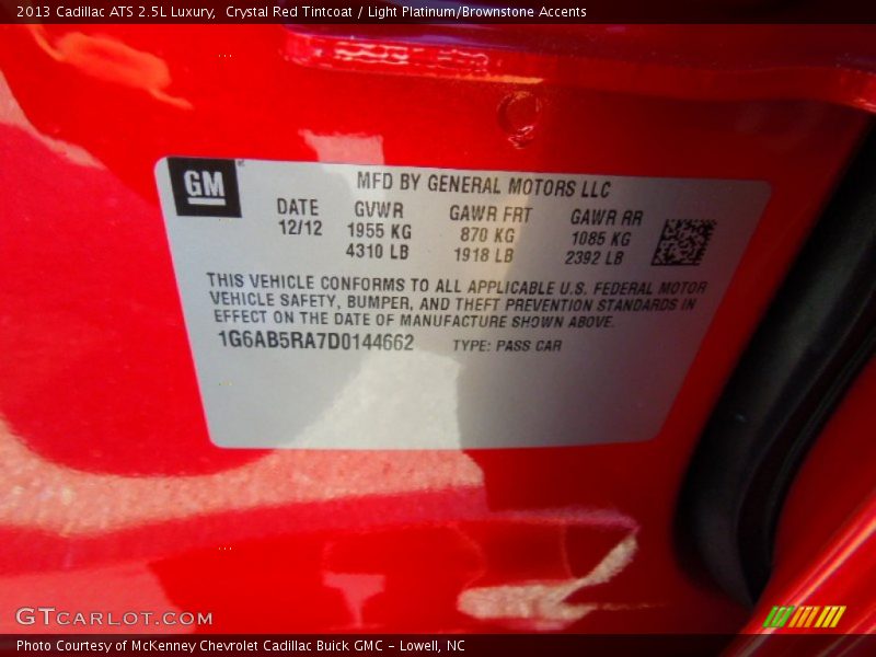 Crystal Red Tintcoat / Light Platinum/Brownstone Accents 2013 Cadillac ATS 2.5L Luxury