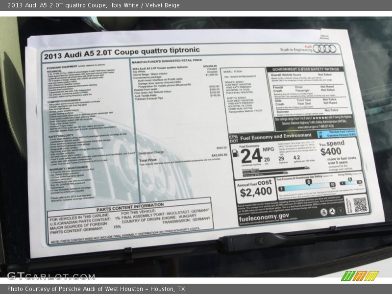  2013 A5 2.0T quattro Coupe Window Sticker