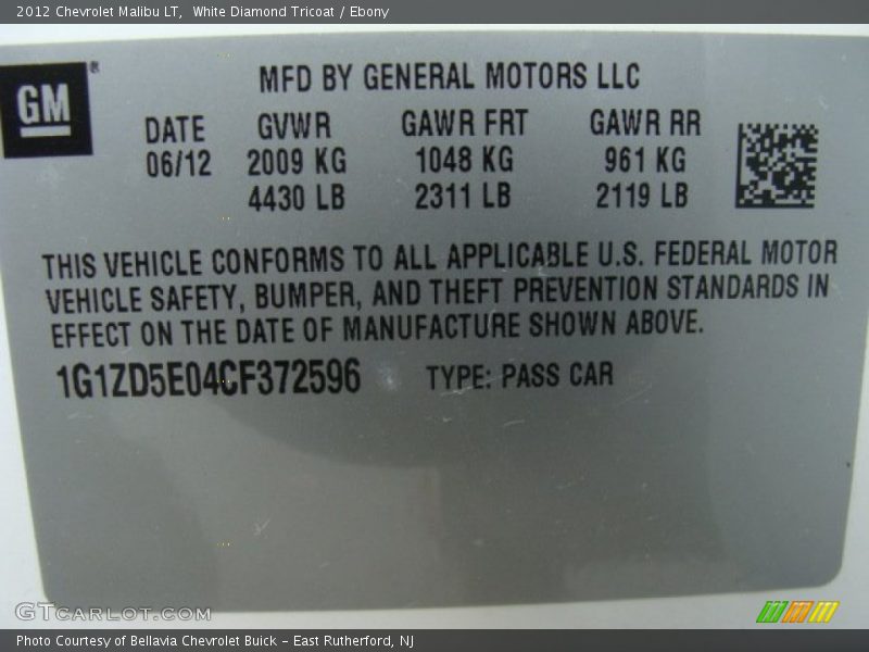 White Diamond Tricoat / Ebony 2012 Chevrolet Malibu LT