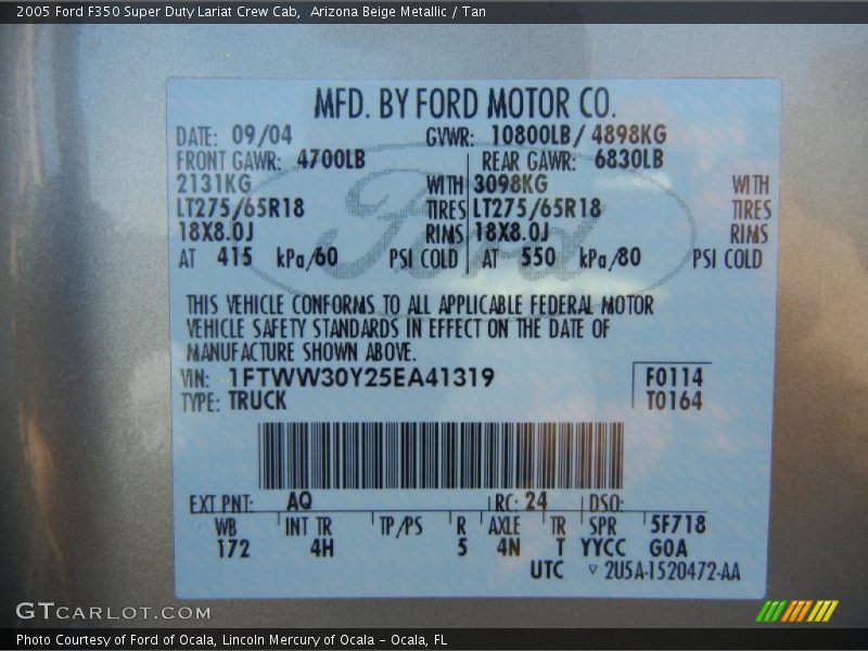 2005 F350 Super Duty Lariat Crew Cab Arizona Beige Metallic Color Code AQ