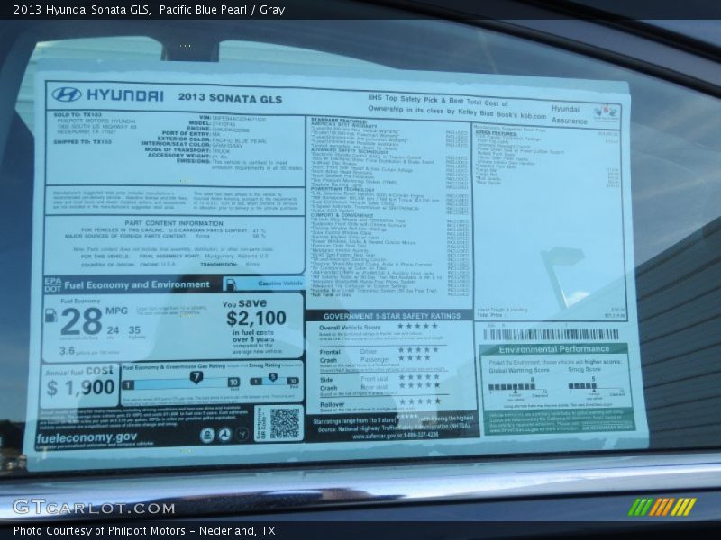 Pacific Blue Pearl / Gray 2013 Hyundai Sonata GLS