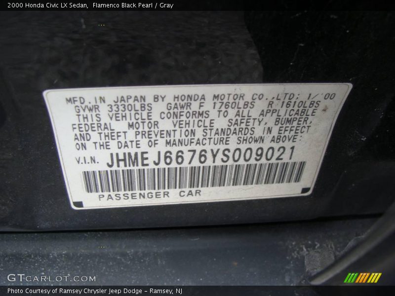 Flamenco Black Pearl / Gray 2000 Honda Civic LX Sedan