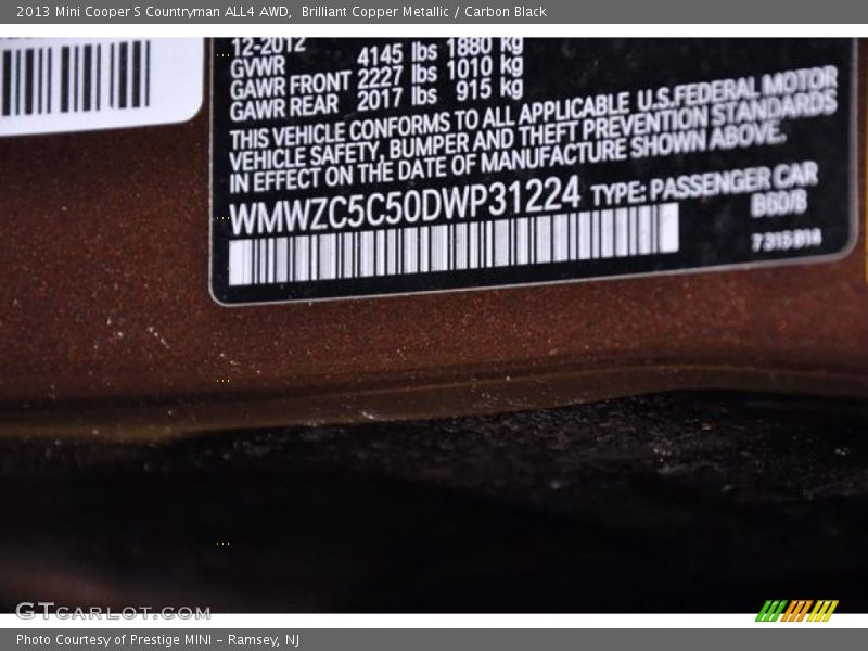 Brilliant Copper Metallic / Carbon Black 2013 Mini Cooper S Countryman ALL4 AWD